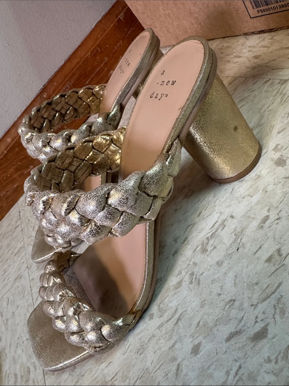 a new day Shimmery Braided-Strap Heeled Sandals in Metallic Gold
